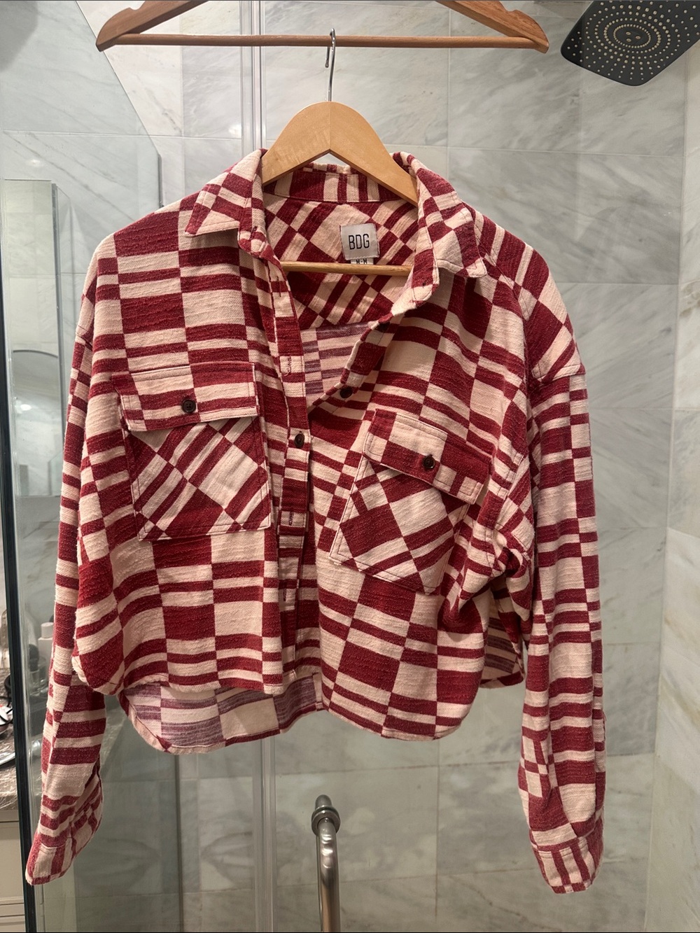 BDG Red and Cream Plaid Cropped Button-Front Shirt